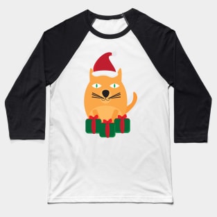 Cute Cartoon Cat with Santa Hat and Green Red Gifts Baseball T-Shirt